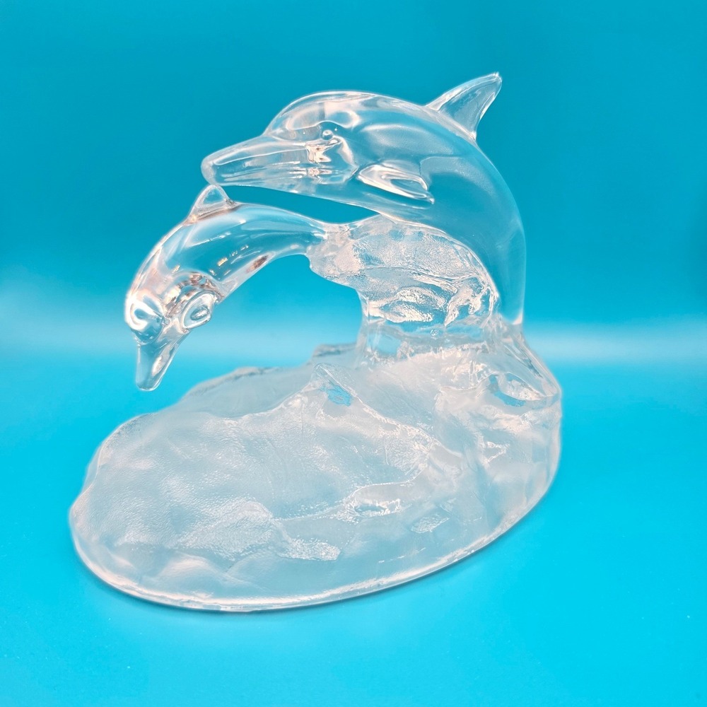 Clear Frosted Glass Double Dolphin Figurine Leaping Ocean Wave Coastal Decor